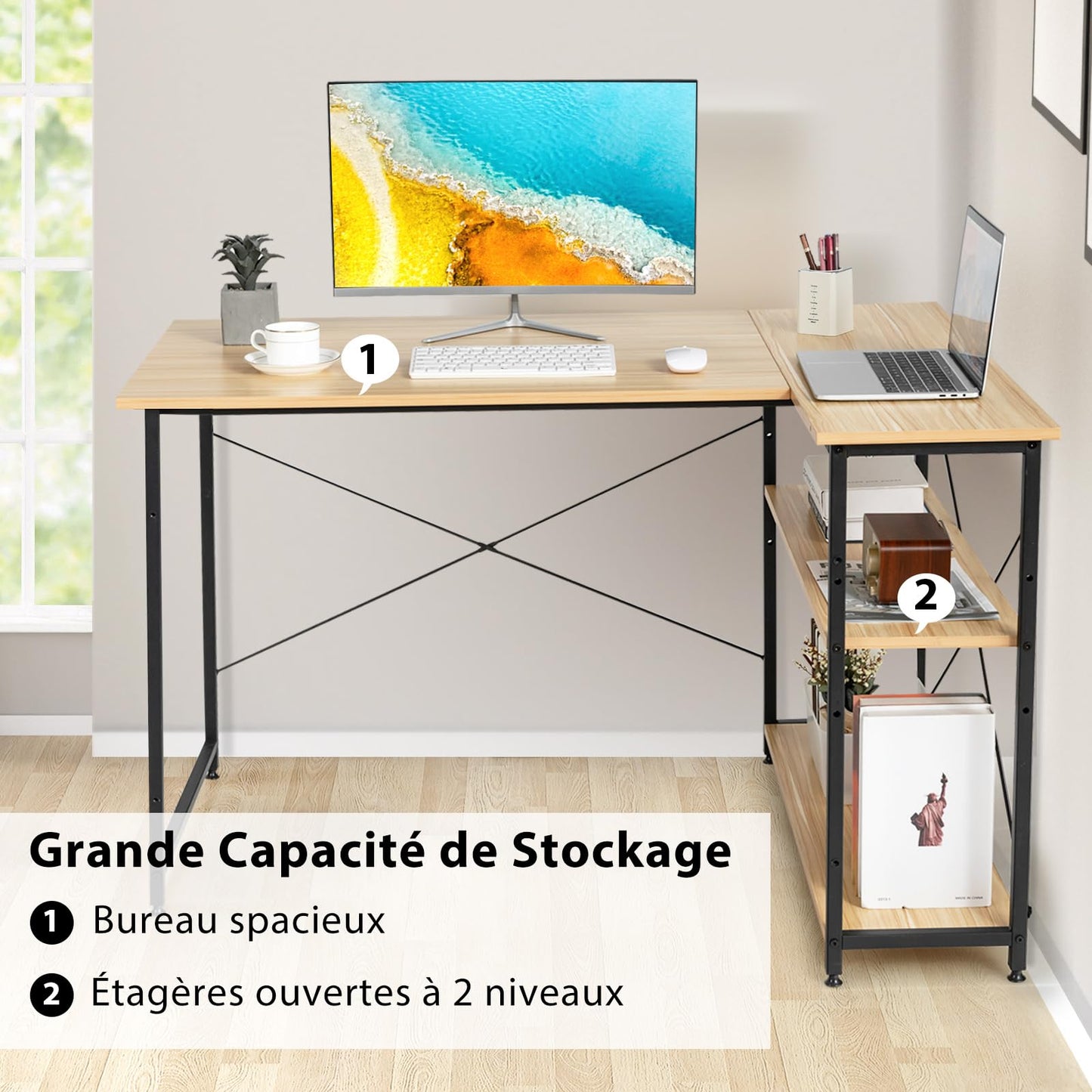 COSTWAY Bureau d'angle en Forme L Réversible, Poste de Travail avec Étagères de Rangement, Assemblage Facile, Peu Encombrant, pour Maison, Bureaux, 120 x 88 x 74,5 cm (Naturel)