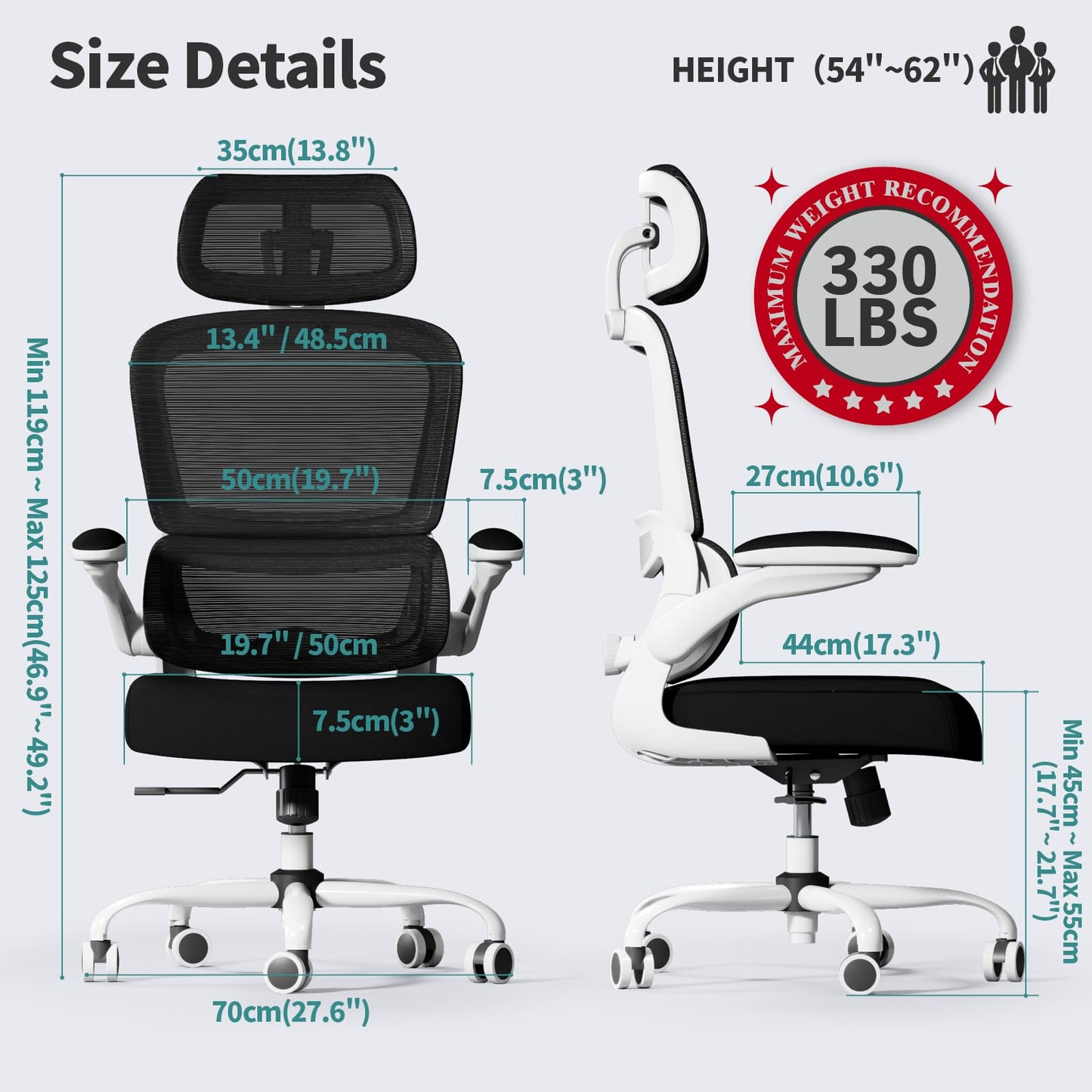 TRALT Fauteuil de bureau ergonomique, maille, pivotant, réglable en hauteur, roulettes, noir et blanc