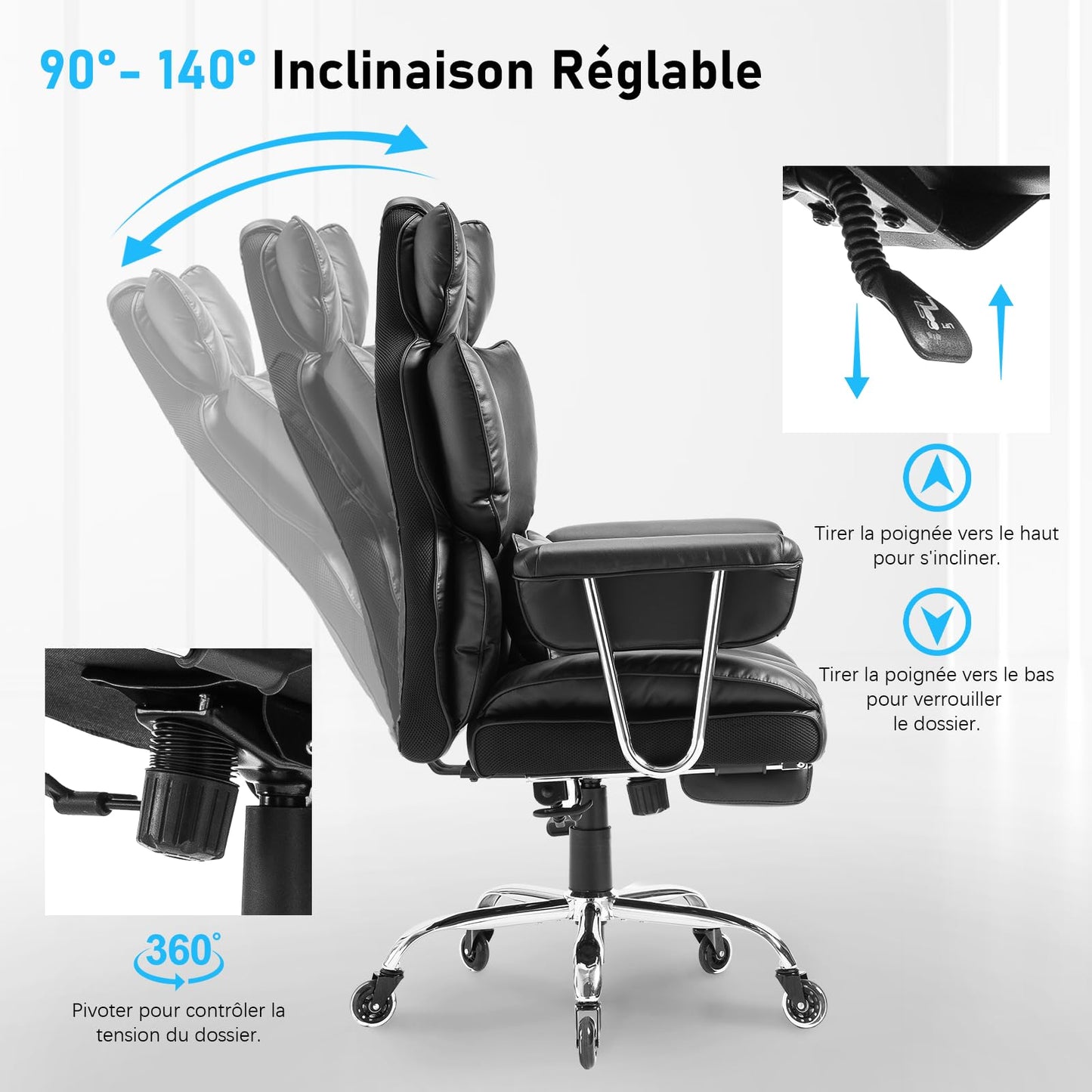 Fauteuil de Bureau, Chaise Ergonomique Gaming avec Repose-pieds Rétractable, Chaise de Bureau Confortable avec Roulettes en Caoutchouc et Coussins Lombaires, Fauteuil de Direction 200 kg (Noir)