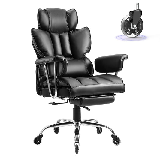 Fauteuil de Bureau, Chaise Ergonomique Gaming avec Repose-pieds Rétractable, Chaise de Bureau Confortable avec Roulettes en Caoutchouc et Coussins Lombaires, Fauteuil de Direction 200 kg (Noir)