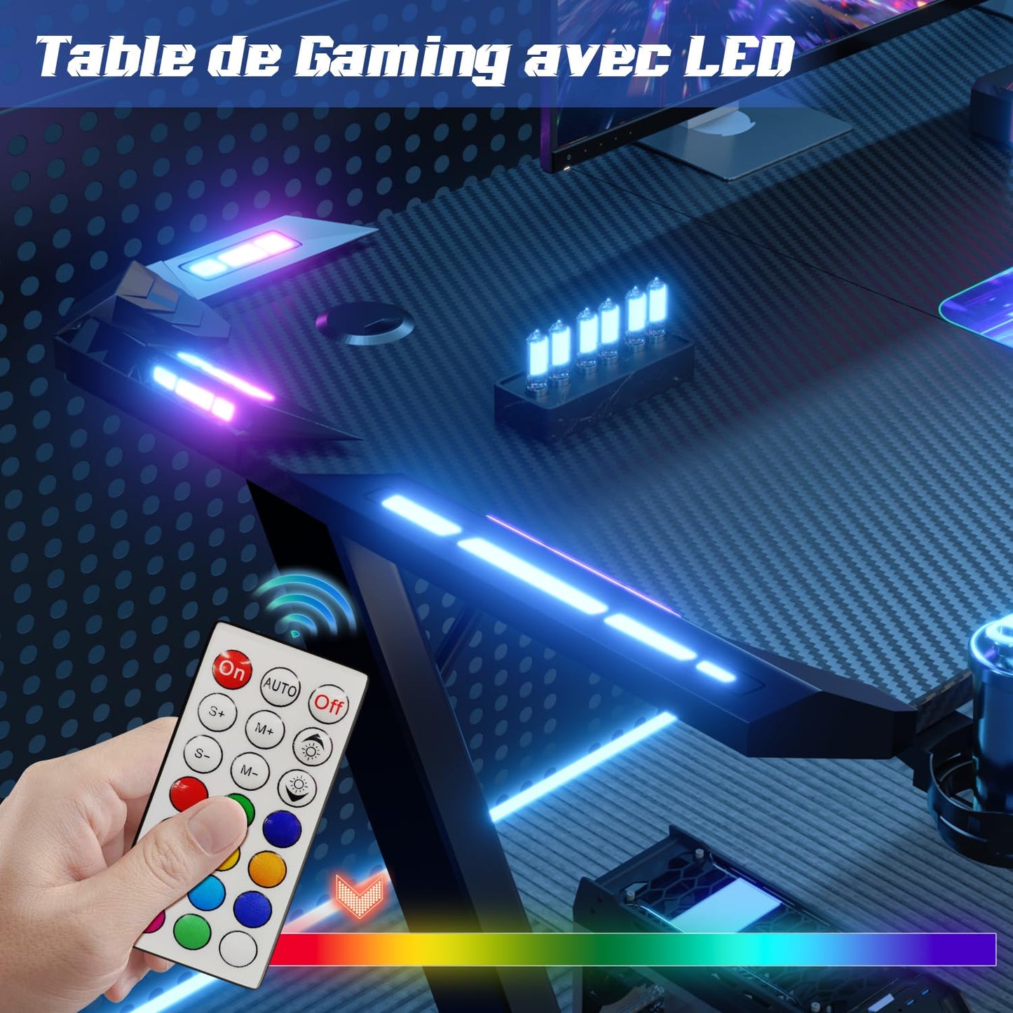 Devoko Bureau Gaming LED 120×60cm, Bureau Gamer avec Lumière RGB, Porte-gobelet et Crochet pour Casque, Table Informatique Ergonomique (Noir,120×60cm)