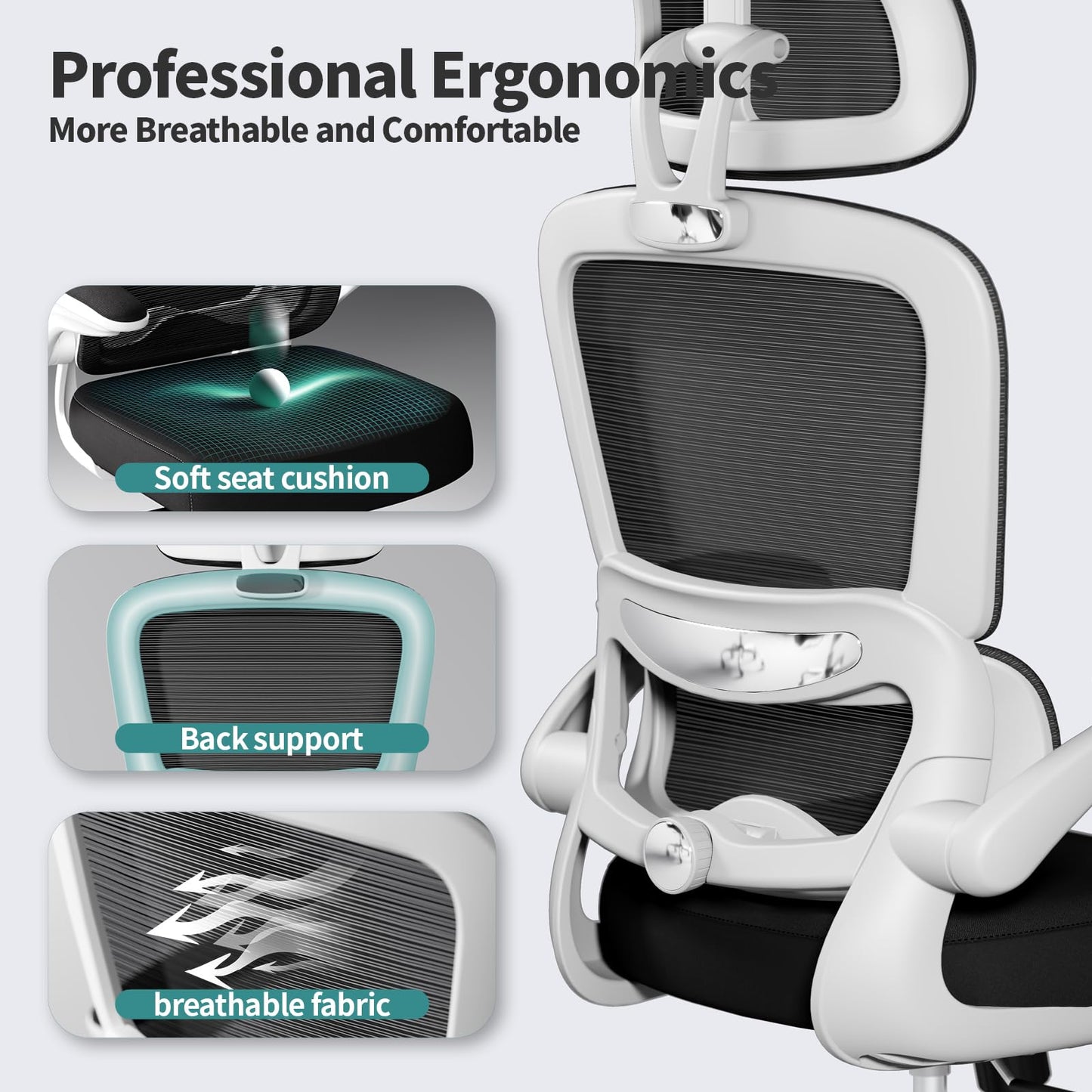 TRALT Fauteuil de bureau ergonomique, maille, pivotant, réglable en hauteur, roulettes, noir et blanc