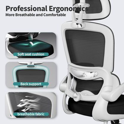 TRALT Fauteuil de bureau ergonomique, maille, pivotant, réglable en hauteur, roulettes, noir et blanc