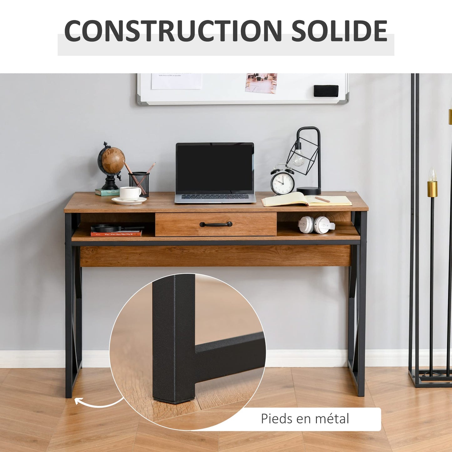 HOMCOM Bureau Style Industriel dim. 120L x 60l x 76H cm tiroir + 2 niches piètement métal Noir Plateau Aspect Bois Noyer