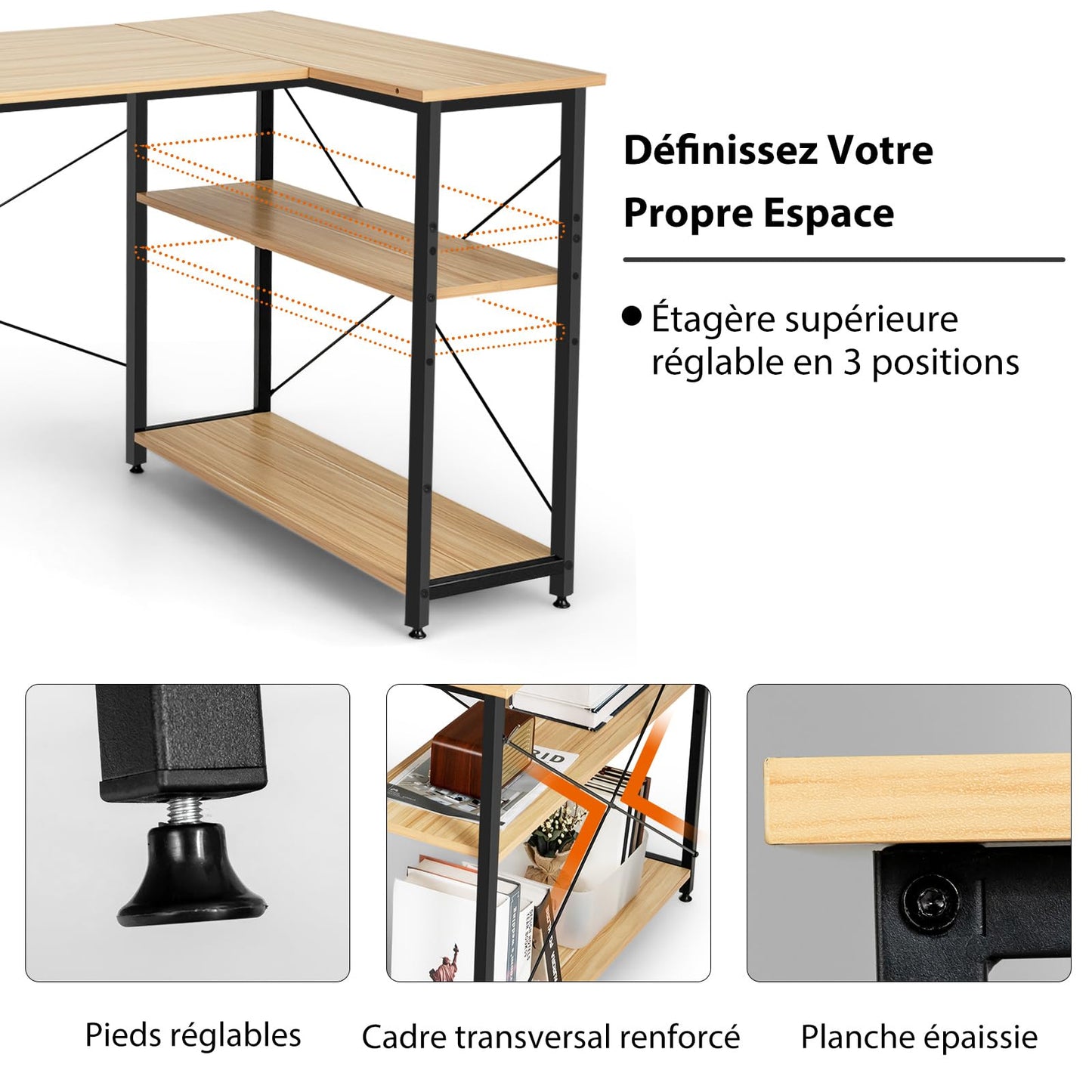 COSTWAY Bureau d'angle en Forme L Réversible, Poste de Travail avec Étagères de Rangement, Assemblage Facile, Peu Encombrant, pour Maison, Bureaux, 120 x 88 x 74,5 cm (Naturel)