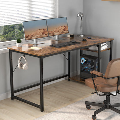 Airfish Bureau 140cm avec 2 Étagères Réglable, Petit Bureau d'Ordinateur Réversible à Gauche et à Droite, Postes de Travail Informatiques pour Domicile, Marron