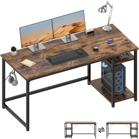 Airfish Bureau 140cm avec 2 Étagères Réglable, Petit Bureau d'Ordinateur Réversible à Gauche et à Droite, Postes de Travail Informatiques pour Domicile, Marron