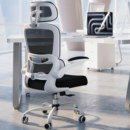 TRALT Fauteuil de bureau ergonomique, maille, pivotant, réglable en hauteur, roulettes, noir et blanc