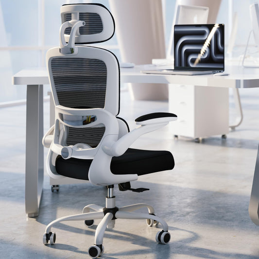 TRALT Fauteuil de bureau ergonomique, maille, pivotant, réglable en hauteur, roulettes, noir et blanc