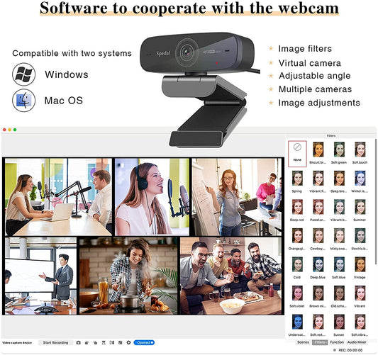 Spedal Webcam 1080P 60fps, Double Microphones Stéréo, Autofocus Live Streaming Caméra Web pour Skype Facebook OBS XSplit, Webcam Compatible avec Linux Mac OS Windows 10/8/7