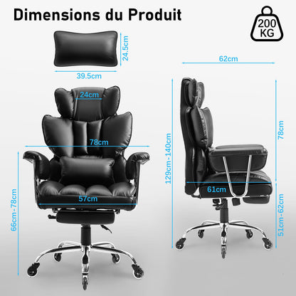 Fauteuil de Bureau, Chaise Ergonomique Gaming avec Repose-pieds Rétractable, Chaise de Bureau Confortable avec Roulettes en Caoutchouc et Coussins Lombaires, Fauteuil de Direction 200 kg (Noir)