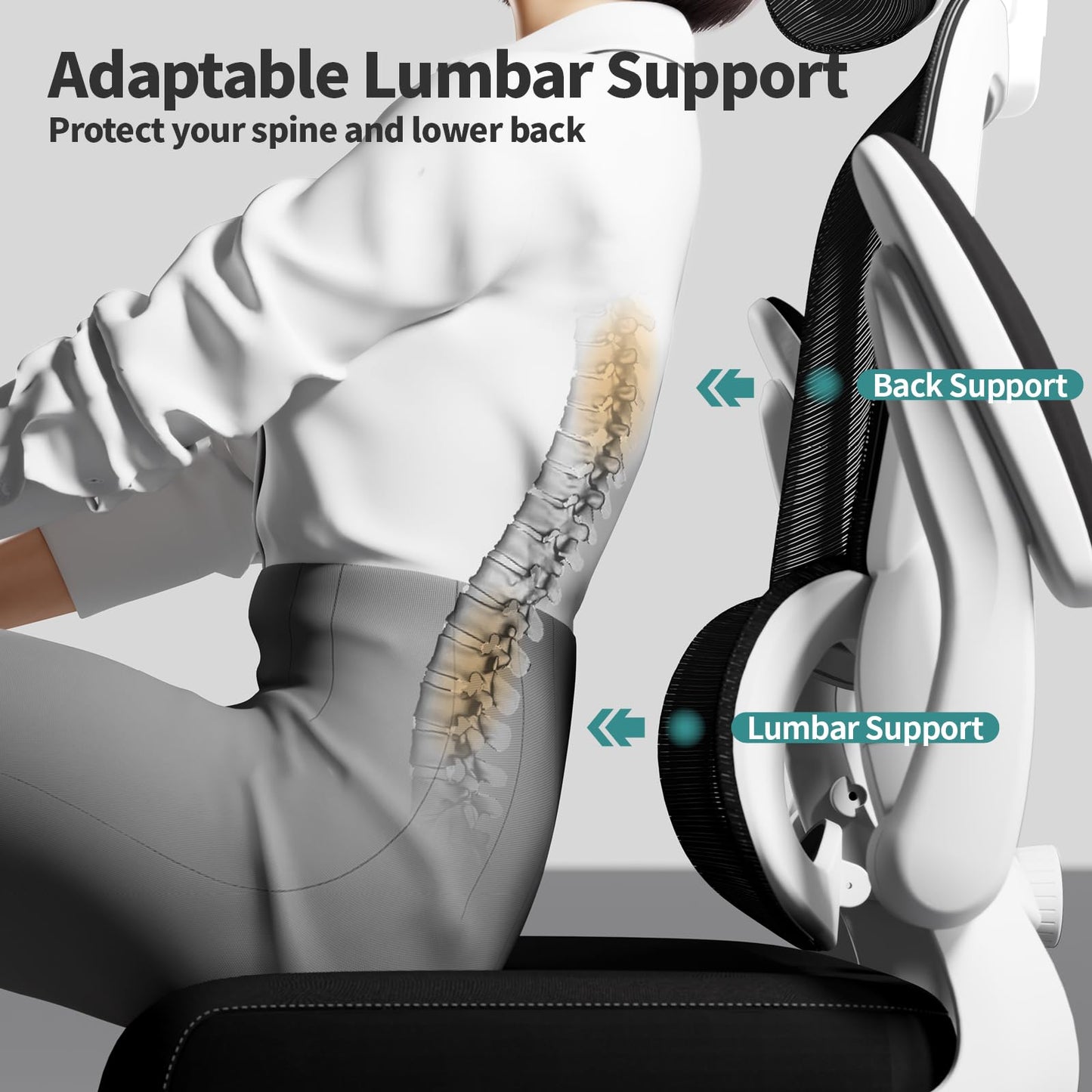 TRALT Fauteuil de bureau ergonomique, maille, pivotant, réglable en hauteur, roulettes, noir et blanc