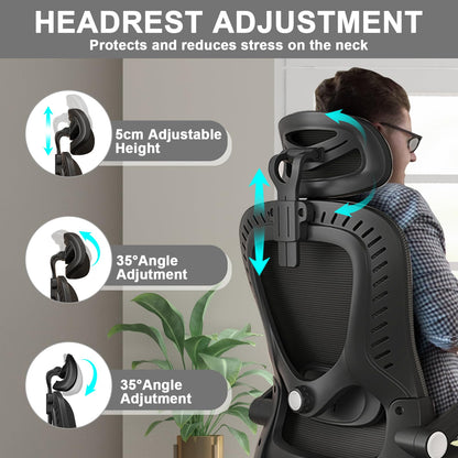 LEVIPE Chaise de Bureau - Ergonomique avec Support Lombaire, Accoudoirs, Appuie-tête réglables, Fauteuil d'ordinateur Pivotant à Haut Dossier Confortable pour Bureau à Domicile