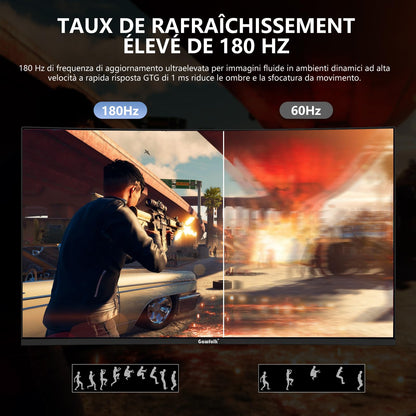Gawfolk Écran PC 24 Pouces incurvé Gaming Moniteur 180hz, fhd 1080p 1ms sans Lunette, freesync, 100% sRGB，178 ° Angle Vue HDMI DisplayPort, Compatible avec Mural VESA75*75MM - Noir