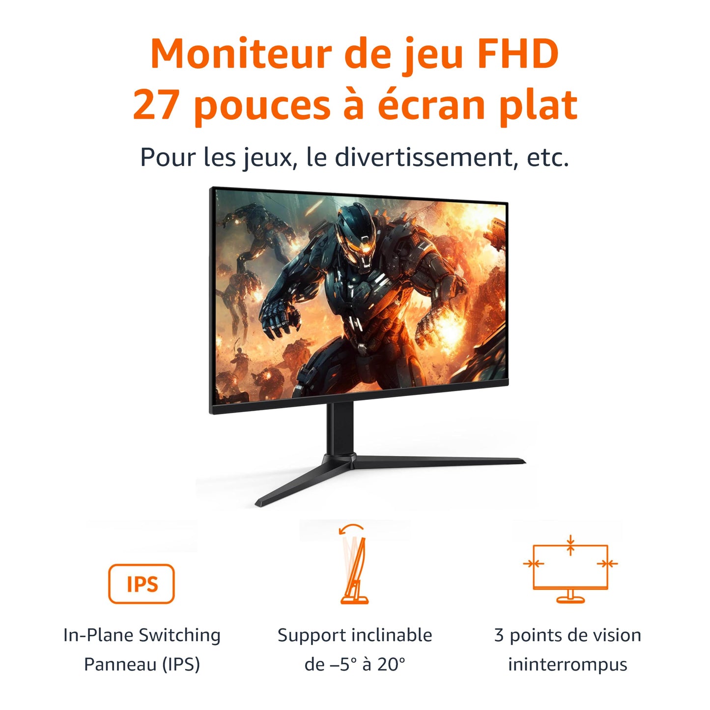 Amazon Basics Écran de gaming 27", FHD 1080p, 165 Hz, compatible VESA, Adaptive Sync, temps de réponse de 1 ms, Noir