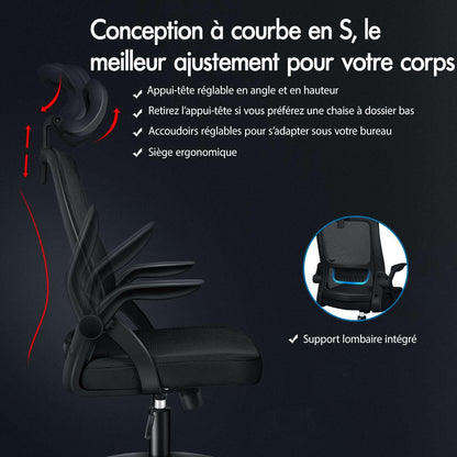 ALFORDSON Chaise de Bureau avec Support Lombaire pour Bureau à Domicile, Chaises D'ordinateur en Maille avec Appui-Tête, Accoudoir Rabattable, Chaise de Bureau Pivotante Inclinable, Noir