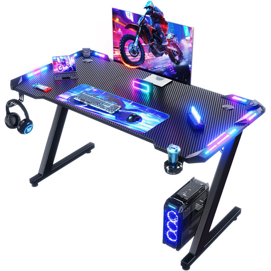 Devoko Bureau Gaming LED 120×60cm, Bureau Gamer avec Lumière RGB, Porte-gobelet et Crochet pour Casque, Table Informatique Ergonomique (Noir,120×60cm)