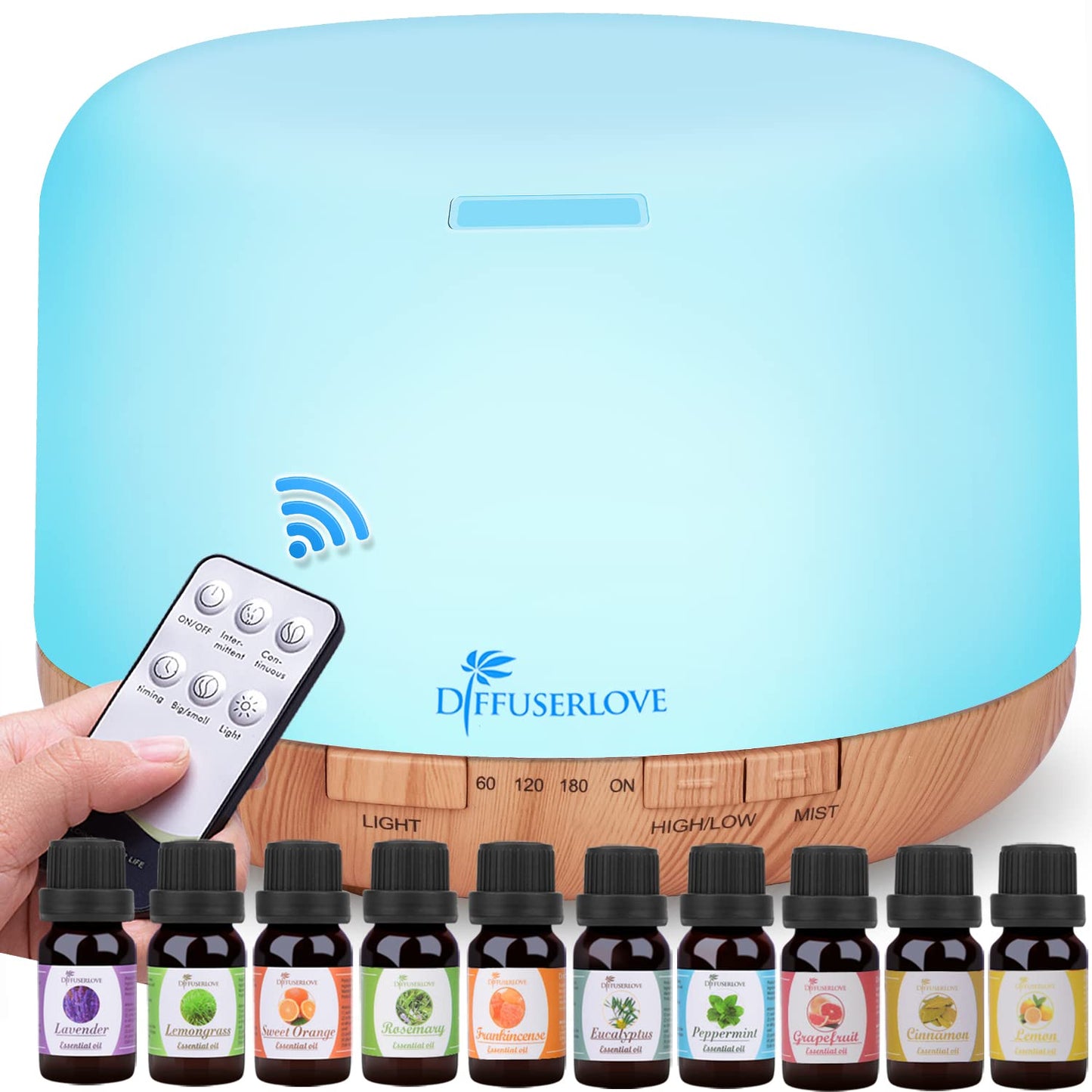 Diffuserlove Diffuseur d'Huiles Essentielles Electrique 500ML Télécommande Arômes Humidificateurs avec Design Muet, Minuterie et Arrêt Automatique sans Eau pour Bureau Salon, LED