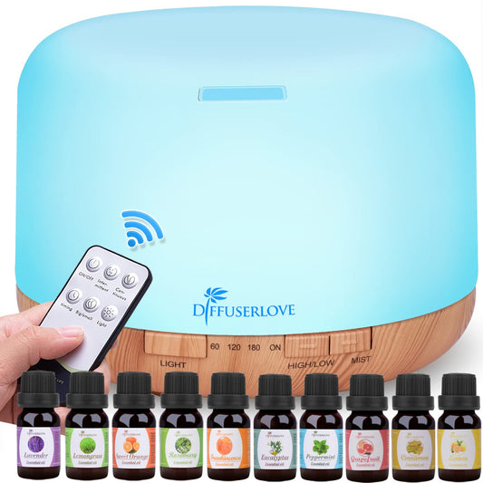 Diffuserlove Diffuseur d'Huiles Essentielles Electrique 500ML Télécommande Arômes Humidificateurs avec Design Muet, Minuterie et Arrêt Automatique sans Eau pour Bureau Salon, LED