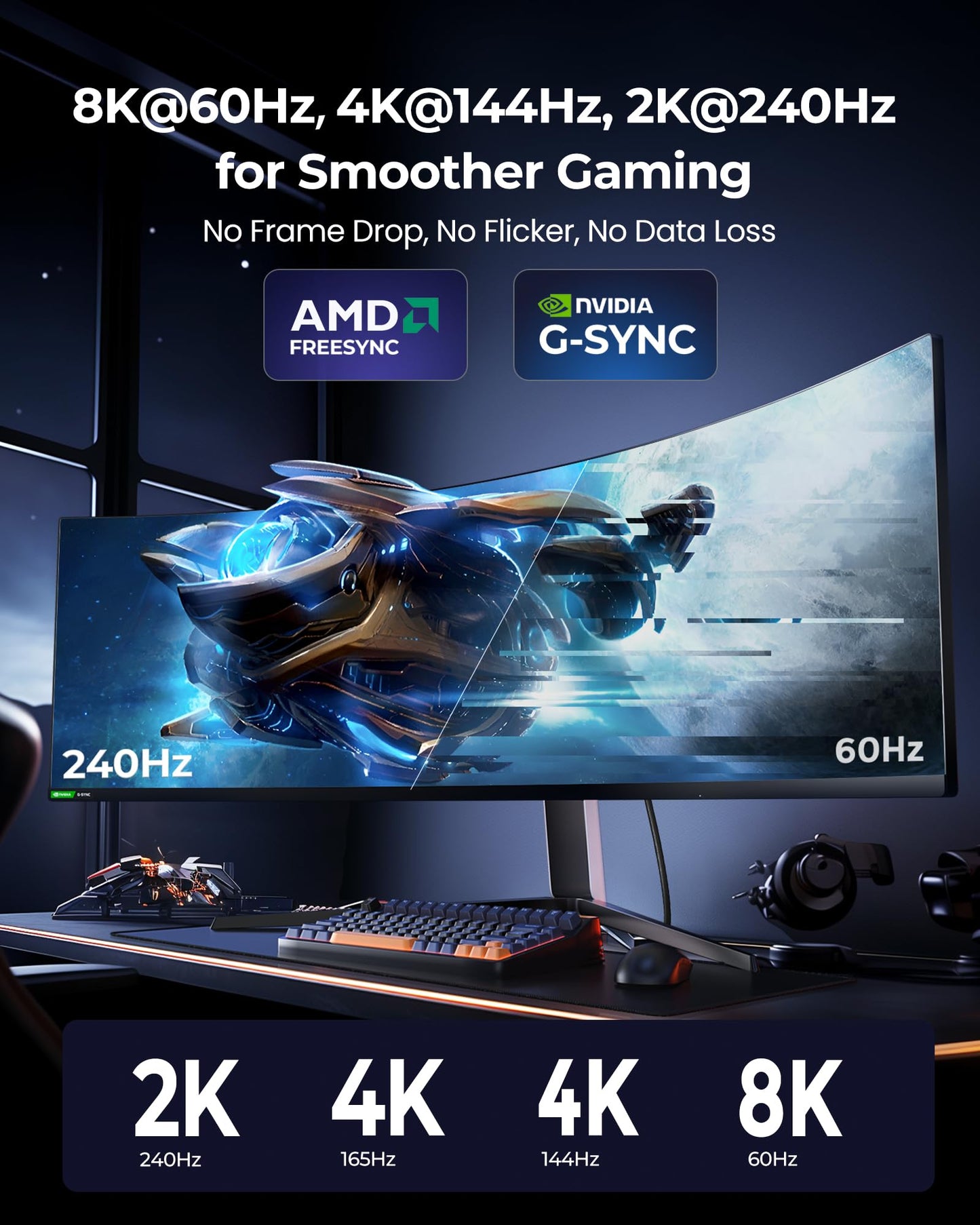 Silkland 8K Câble DisplayPort 1.4 2m, [Certifié VESA] 4K@144Hz/165Hz, 2K@240Hz, 8K@60Hz, 32.4Gbps Câble DP, HDR, G-Sync Free-Sync, DSC 1.2, Câble DP 1.4 pour 240Hz Moniteur Gaming/PC/Carte Graphique