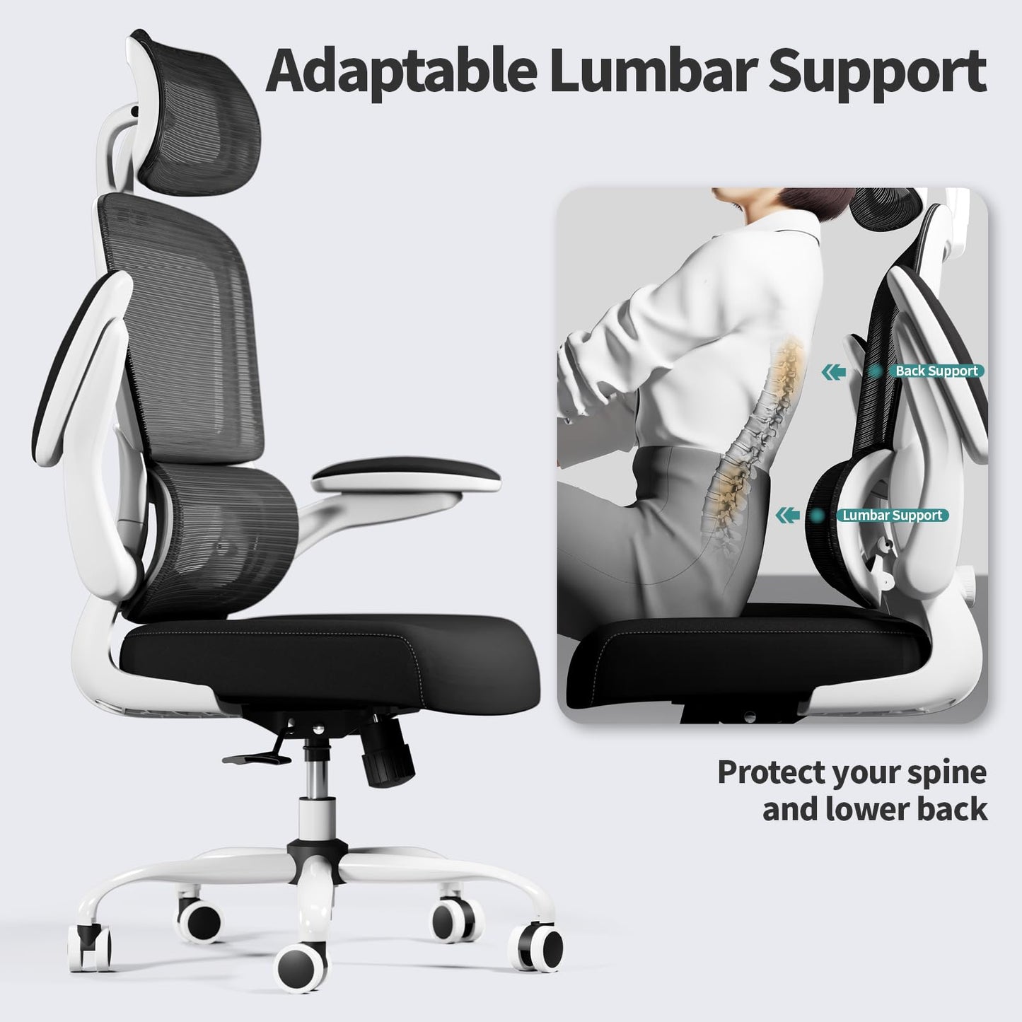 TRALT Fauteuil de bureau ergonomique, maille, pivotant, réglable en hauteur, roulettes, noir et blanc