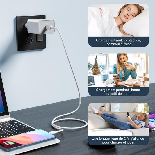 Lot de 2 pour Chargeur Rapide iPhone, 20W PD USB-C Prise Secteur avec 2m Câble USB C vers Lightning pour iPhone 14/14 pro/13/13 Pro/13 Pro Max/13 Min