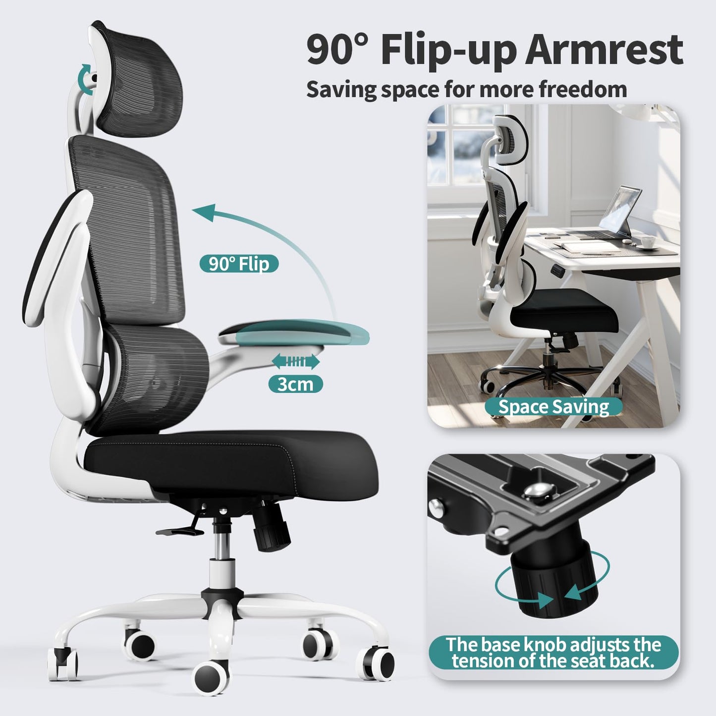 TRALT Fauteuil de bureau ergonomique, maille, pivotant, réglable en hauteur, roulettes, noir et blanc