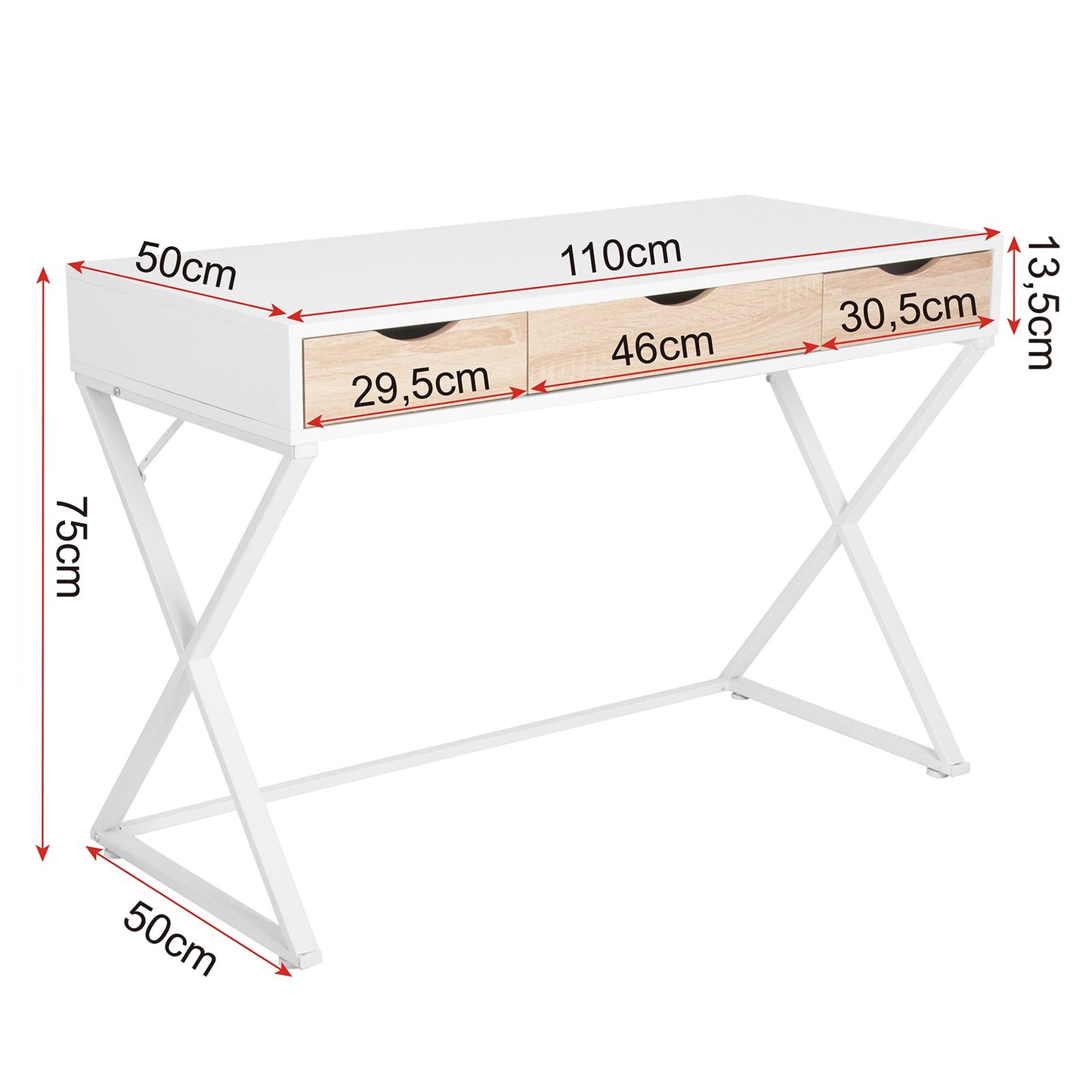 WOLTU Bureau d'ordinateur avec 3 tiroirs, 110x50x75cm, Blanc, Table de Bureau en Acier et MDF, Table de Travail, PC Table