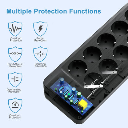 NVEESHOX Multiprise Electrique (16A/4000W), Multiprise 10 Prises avec 4 Ports USB, Bloc Multiprise Parafoudre et Surtension avec Interrupteur, Câble 5Mpour Maison Bureau,Noir