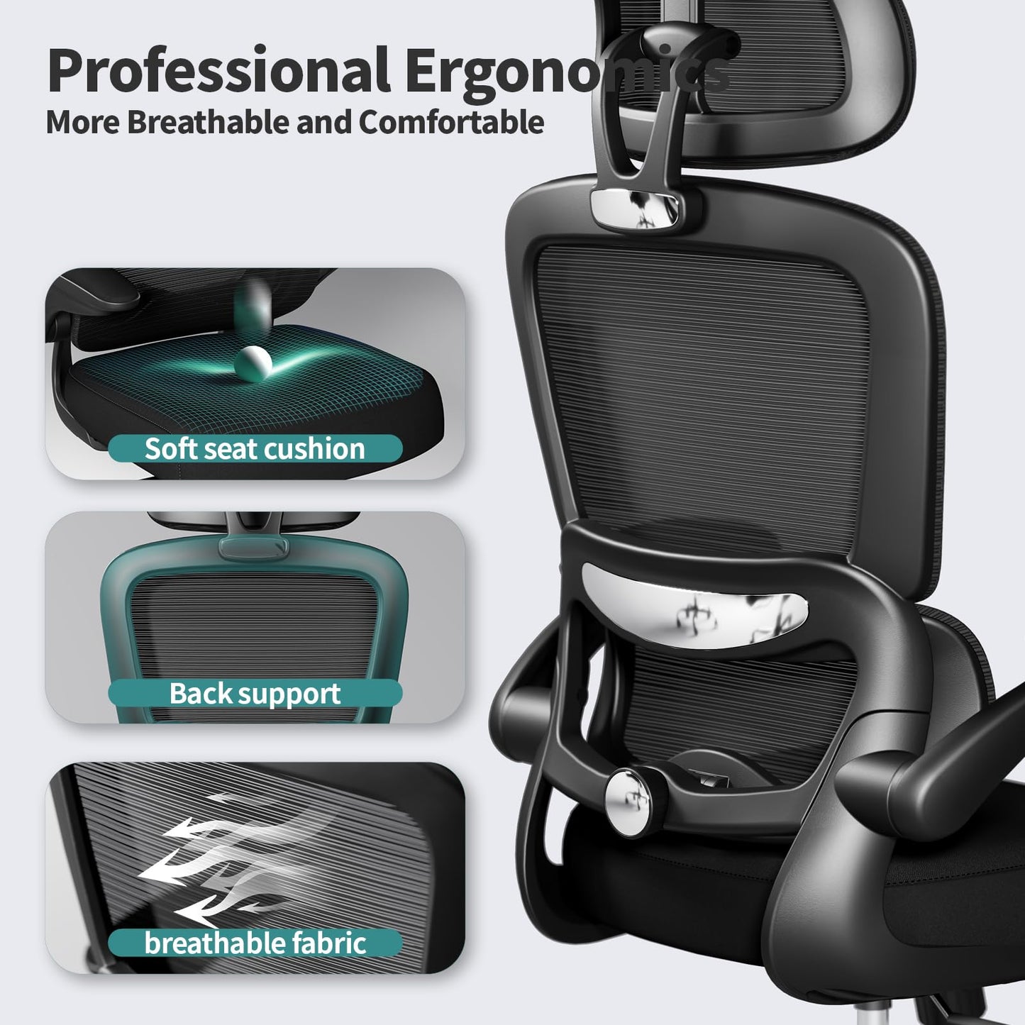 TRALT Chaise de Bureau Ergonomique Mesh - Ordinateur de Bureau avec Roues, Hauteur Réglable, Pivotante, Chaise de Travail (Noir)