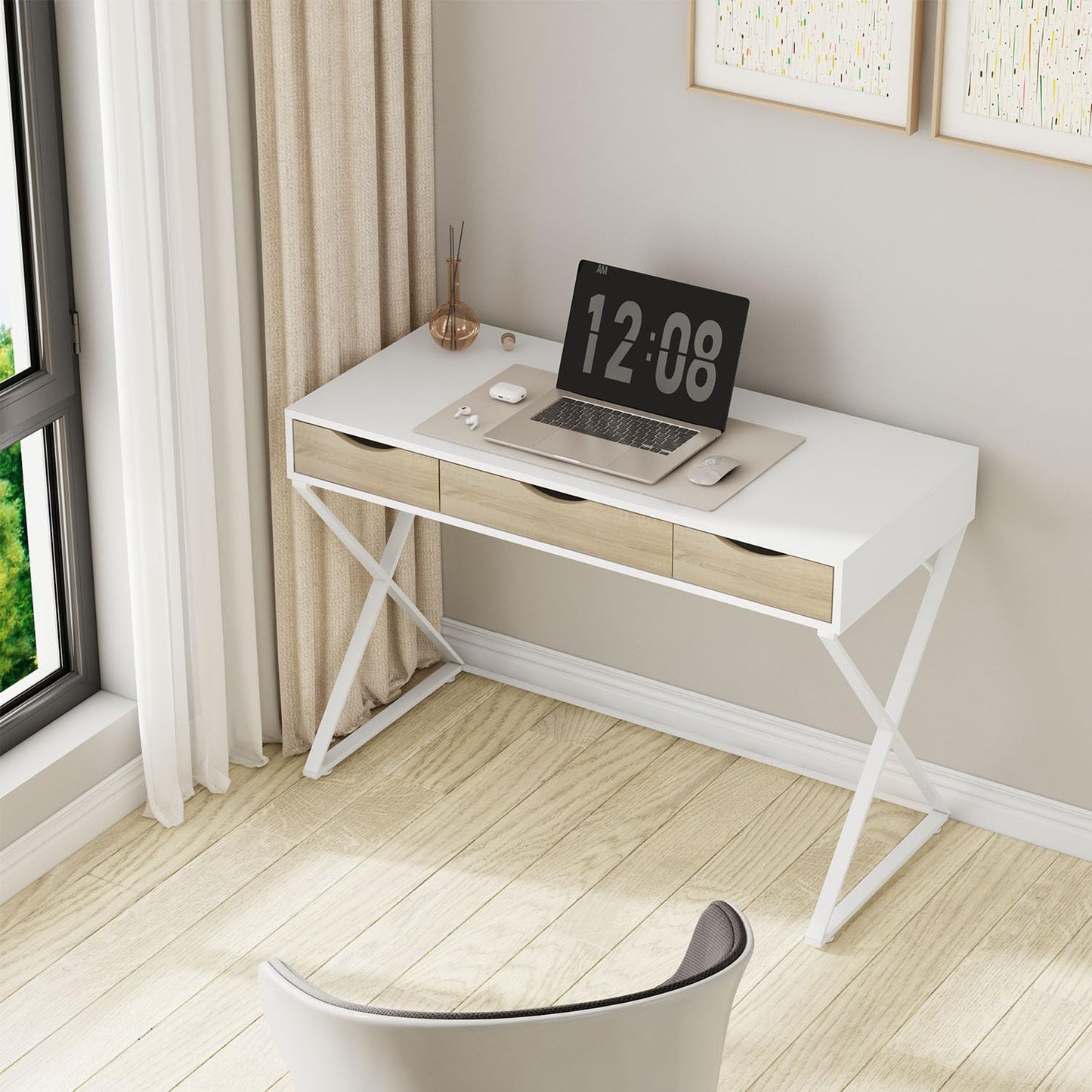 WOLTU Bureau d'ordinateur avec 3 tiroirs, 110x50x75cm, Blanc, Table de Bureau en Acier et MDF, Table de Travail, PC Table