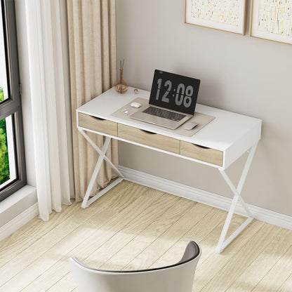 WOLTU Bureau d'ordinateur avec 3 tiroirs, 110x50x75cm, Blanc, Table de Bureau en Acier et MDF, Table de Travail, PC Table