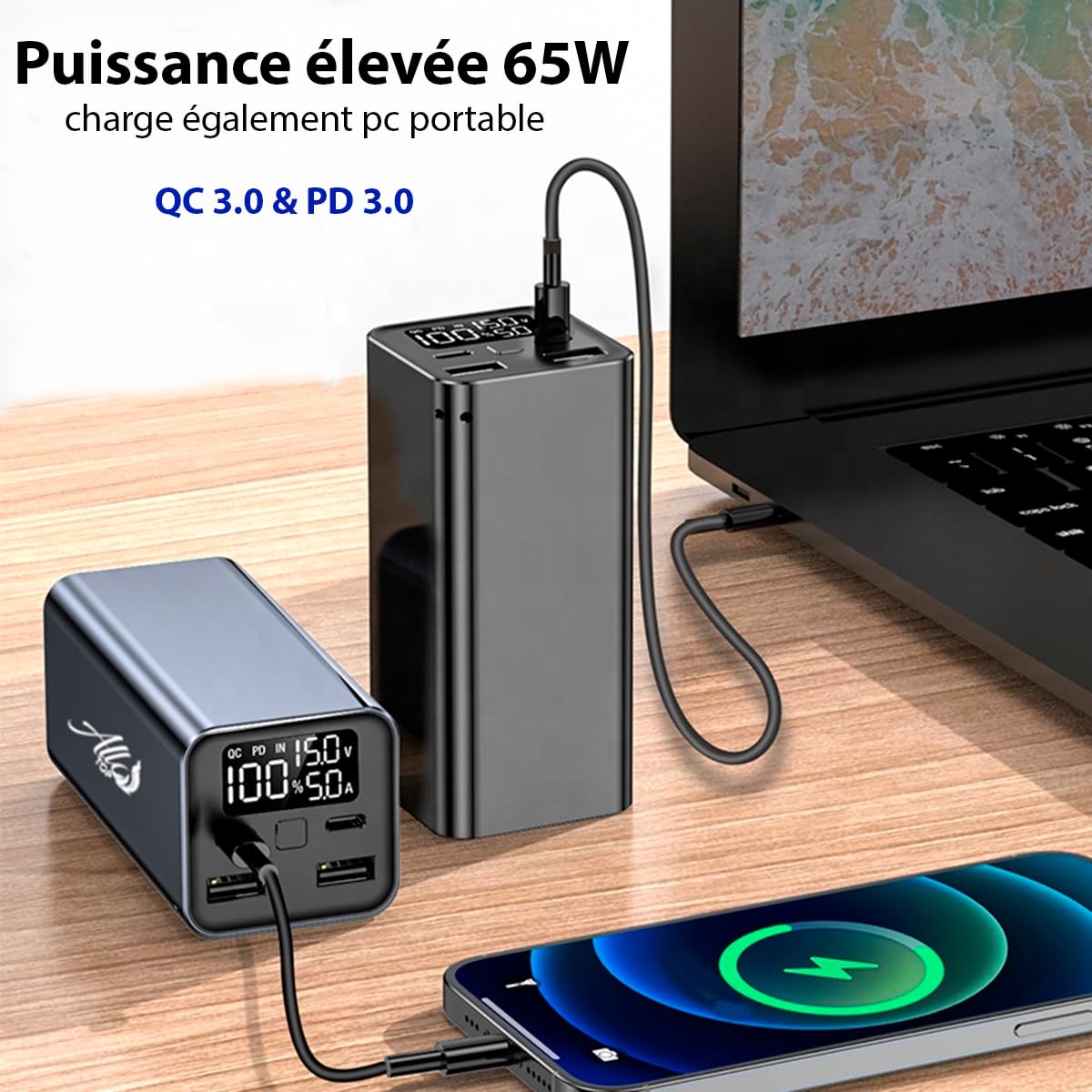 Batterie Externe 65W USB-C PD3.0 Charge Rapide | Batterie Portable Haute Capacité 20,000 mAh Compatible MacBook, Smartphones et Tablettes | USB-A QC3.0 Chargeur Nomade