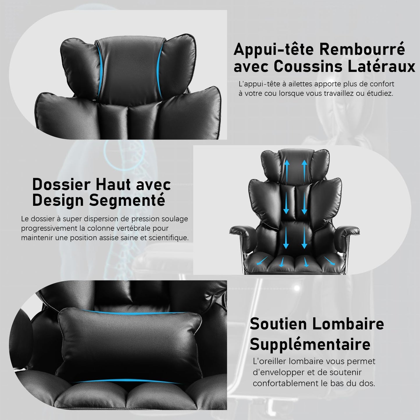 Fauteuil de Bureau, Chaise Ergonomique Gaming avec Repose-pieds Rétractable, Chaise de Bureau Confortable avec Roulettes en Caoutchouc et Coussins Lombaires, Fauteuil de Direction 200 kg (Noir)