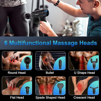 Pistolet de Massage Handheld Masseur Musculaire 30 Niveaux Réglables 6 Têtes de Massage Gun Super Silencieux LCD Masseur pour Récupération Relaxation Soulager Douleurs et Raideurs(Noir)