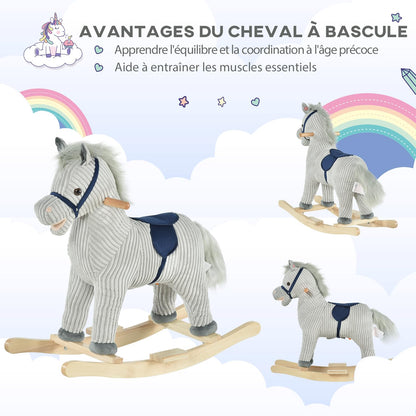 HOMCOM Cheval à Bascule pour Enfant, Jouet à Bascule en Peluche, en Forme de Cheval, à Effets sonores, avec poignées, pédale, pour 36-72 Mois, 73L x 35l x 64H cm, Gris et Blanc