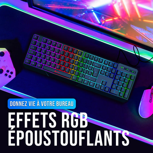 KLIM Chroma Clavier Gamer AZERTY FR - Nouveauté - Silencieux USB - Clavier Filaire Rétroéclairé LED - PC Gaming PS4 PS5 Mac - Noir