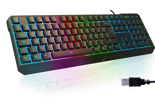KLIM Chroma Clavier Gamer AZERTY FR - Nouveauté - Silencieux USB - Clavier Filaire Rétroéclairé LED - PC Gaming PS4 PS5 Mac - Noir