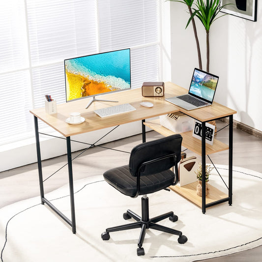 COSTWAY Bureau d'angle en Forme L Réversible, Poste de Travail avec Étagères de Rangement, Assemblage Facile, Peu Encombrant, pour Maison, Bureaux, 120 x 88 x 74,5 cm (Naturel)