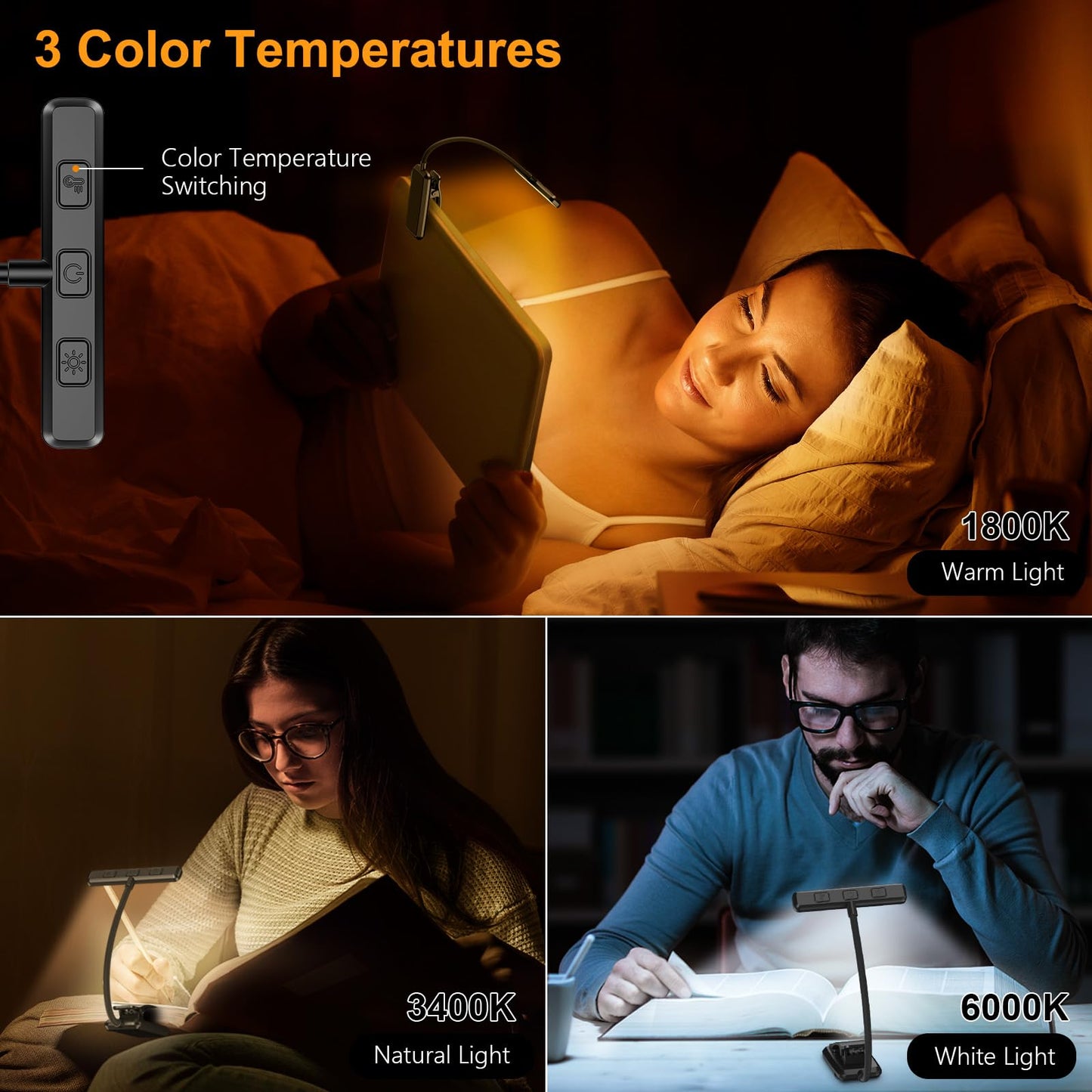 Gritin Lampe de Lecture 19 LED, Liseuse Clip Rechargeable, Protection des Yeux, Gradation en Continu & 3 Couleurs (Ambre/Blanc/Mixte), 360° Cou Flexible, Longue Durée, Portable pour Lire au Lit