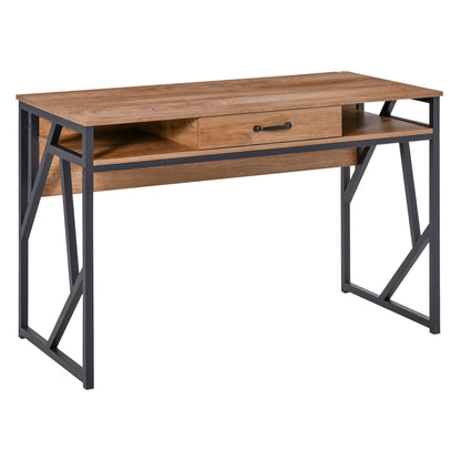 HOMCOM Bureau Style Industriel dim. 120L x 60l x 76H cm tiroir + 2 niches piètement métal Noir Plateau Aspect Bois Noyer