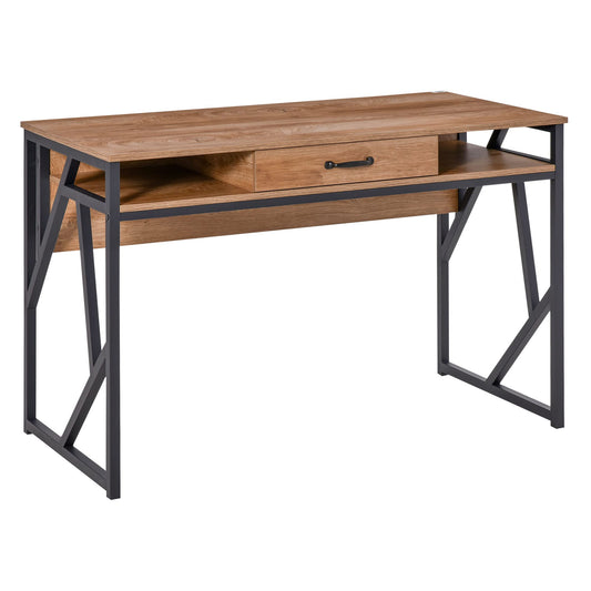 HOMCOM Bureau Style Industriel dim. 120L x 60l x 76H cm tiroir + 2 niches piètement métal Noir Plateau Aspect Bois Noyer