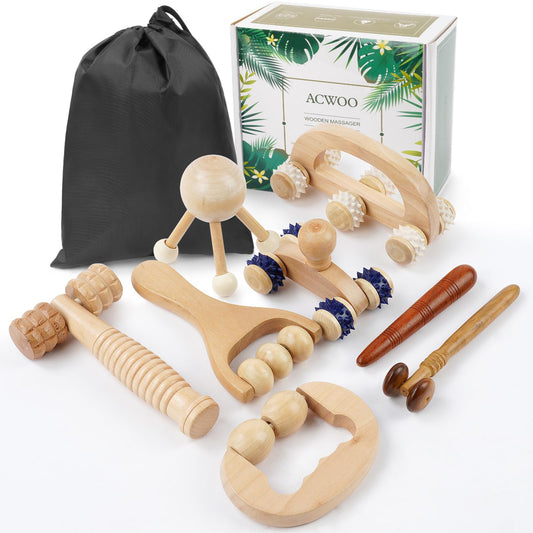 ACWOO Rouleau Massage Bois, 8PCS Ensembles d'outils de Massage en Bois Kit Maderotherapie, Masseur Anti Cellulite Drainage Lymphatique, Masseur Bois de Anti Cellulite Kit Massage Bois Professionnelle