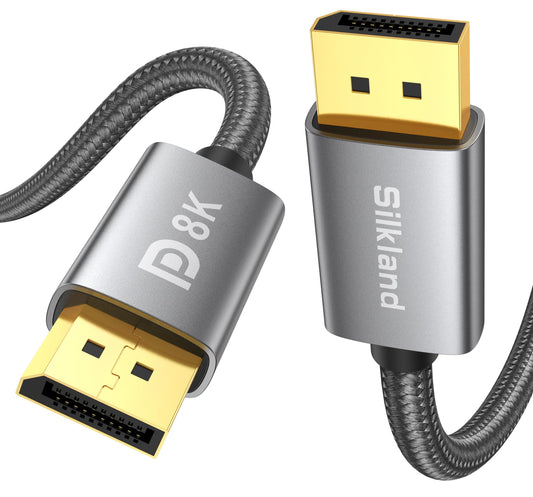 Silkland 8K Câble DisplayPort 1.4 2m, [Certifié VESA] 4K@144Hz/165Hz, 2K@240Hz, 8K@60Hz, 32.4Gbps Câble DP, HDR, G-Sync Free-Sync, DSC 1.2, Câble DP 1.4 pour 240Hz Moniteur Gaming/PC/Carte Graphique