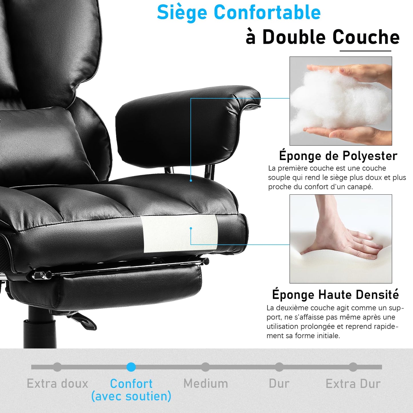 Fauteuil de Bureau, Chaise Ergonomique Gaming avec Repose-pieds Rétractable, Chaise de Bureau Confortable avec Roulettes en Caoutchouc et Coussins Lombaires, Fauteuil de Direction 200 kg (Noir)