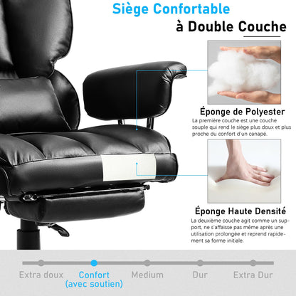 Fauteuil de Bureau, Chaise Ergonomique Gaming avec Repose-pieds Rétractable, Chaise de Bureau Confortable avec Roulettes en Caoutchouc et Coussins Lombaires, Fauteuil de Direction 200 kg (Noir)