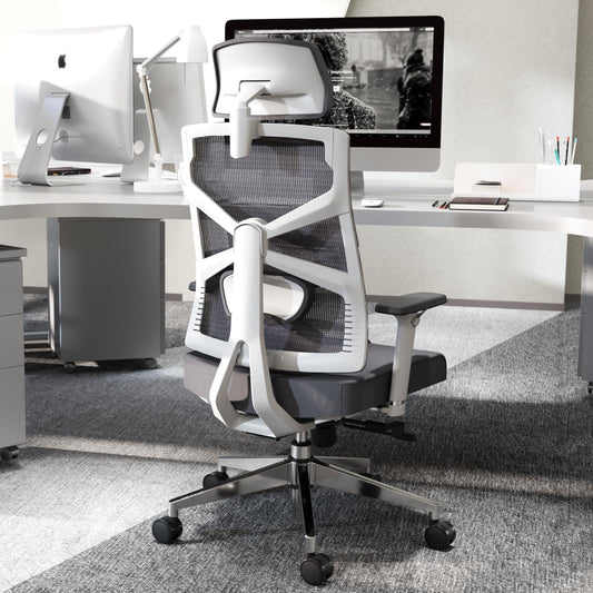 HOLLUDLE Chaise de Bureau Ergonomique avec Dossier Adaptable, Fauteuil D'ordinateur avec Accoudoirs 4D, Profondeur D'assise Réglable, Soutien Lombaire et Appui-tête 2D, Siège de Travail, Blanc