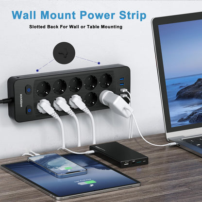 NVEESHOX Multiprise Electrique (16A/4000W), Multiprise 10 Prises avec 4 Ports USB, Bloc Multiprise Parafoudre et Surtension avec Interrupteur, Câble 5Mpour Maison Bureau,Noir