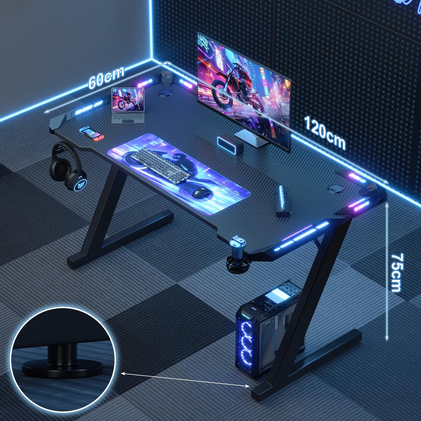 Devoko Bureau Gaming LED 120×60cm, Bureau Gamer avec Lumière RGB, Porte-gobelet et Crochet pour Casque, Table Informatique Ergonomique (Noir,120×60cm)