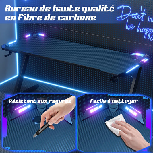 Devoko Bureau Gaming LED 120×60cm, Bureau Gamer avec Lumière RGB, Porte-gobelet et Crochet pour Casque, Table Informatique Ergonomique (Noir,120×60cm)